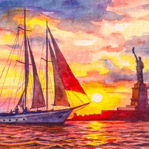 Peinture sur toile Voilier Et La Statue De La Liberté Au Coucher Du Soleil – Image 1