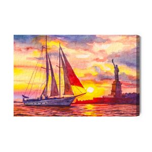 Peinture sur toile Voilier Et La Statue De La Liberté Au Coucher Du Soleil – Image 2