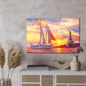 Peinture sur toile Voilier Et La Statue De La Liberté Au Coucher Du Soleil – Image 3
