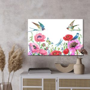 Peinture sur toile Coquelicots Et Hirondelles Aquarelles – Image 3