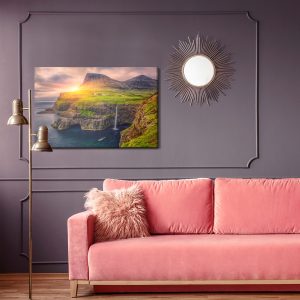 Peinture sur toile Coucher De Soleil Entre Les Montagnes Et Une Cascade – Image 4