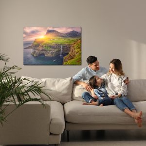 Peinture sur toile Coucher De Soleil Entre Les Montagnes Et Une Cascade – Image 7