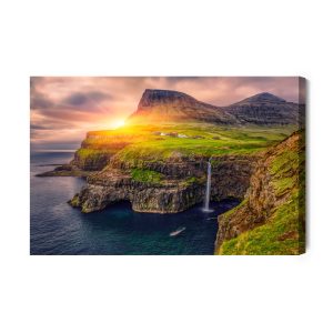 Peinture sur toile Coucher De Soleil Entre Les Montagnes Et Une Cascade – Image 2