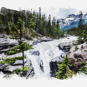 Peinture sur toile Cascade Dans Les Montagnes Aquarelle – Image 1