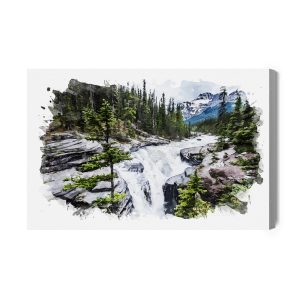 Peinture sur toile Cascade Dans Les Montagnes Aquarelle – Image 2