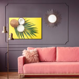 Peinture sur toile Fruit De Feuille Et De Noix De Coco Sur Un Fond Jaune – Image 4