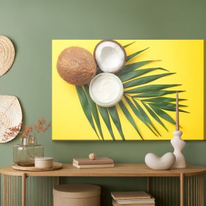Peinture sur toile Fruit De Feuille Et De Noix De Coco Sur Un Fond Jaune – Image 5
