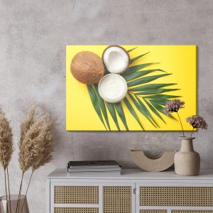 Peinture sur toile Fruit De Feuille Et De Noix De Coco Sur Un Fond Jaune – Image 3