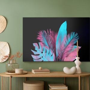 Peinture sur toile Feuilles Tropicales Au Néon Sur Fond Noir – Image 5