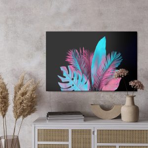 Peinture sur toile Feuilles Tropicales Au Néon Sur Fond Noir – Image 3