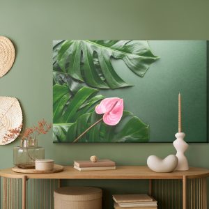 Peinture sur toile Fleur Rose Sur Le Fond Des Feuilles De Monstera – Image 5