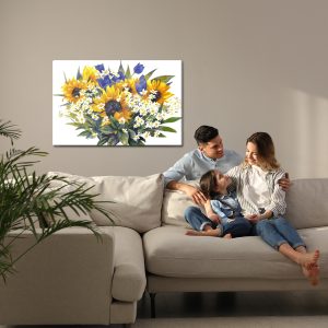 Peinture sur toile Composition À Partir De Tournesols Et De Tulipes À La Camomille – Image 7