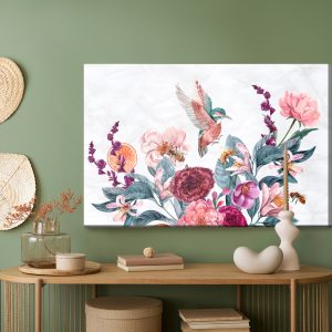 Peinture sur toile Colibris Aquarelles Et Abeilles Sur Les Fleurs – Image 5