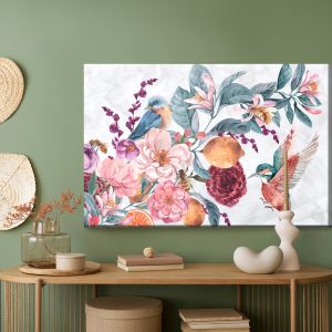 Peinture sur toile Oiseaux Colorés Parmi La Composition Florale, Peints À L'aquarelle – Image 5