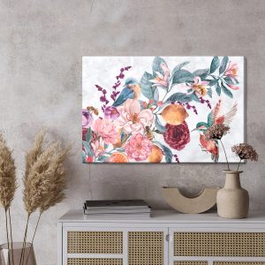 Peinture sur toile Oiseaux Colorés Parmi La Composition Florale, Peints À L'aquarelle – Image 3