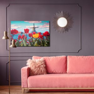 Peinture sur toile Tulipes Sur Fond De Moulin À Vent Hollandais – Image 4