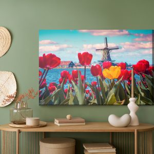 Peinture sur toile Tulipes Sur Fond De Moulin À Vent Hollandais – Image 5