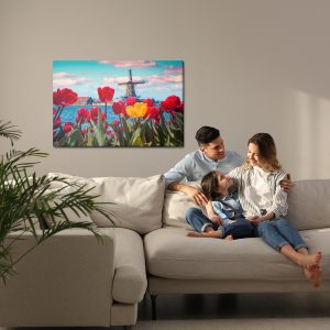 Peinture sur toile Tulipes Sur Fond De Moulin À Vent Hollandais – Image 7