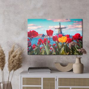 Peinture sur toile Tulipes Sur Fond De Moulin À Vent Hollandais – Image 3