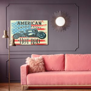 Peinture sur toile Vieille Voiture Dans Le Contexte Du Drapeau Vintage Américain – Image 4