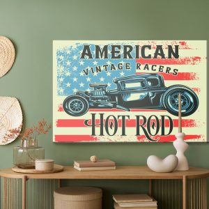 Peinture sur toile Vieille Voiture Dans Le Contexte Du Drapeau Vintage Américain – Image 5