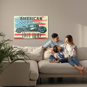Peinture sur toile Vieille Voiture Dans Le Contexte Du Drapeau Vintage Américain – Image 7