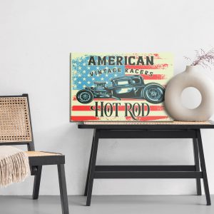 Peinture sur toile Vieille Voiture Dans Le Contexte Du Drapeau Vintage Américain – Image 6