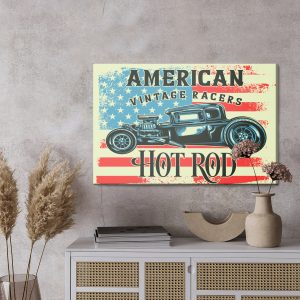 Peinture sur toile Vieille Voiture Dans Le Contexte Du Drapeau Vintage Américain – Image 3