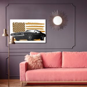 Peinture sur toile Une Muscle Car Américaine Contre Un Drapeau Américain Beige – Image 4
