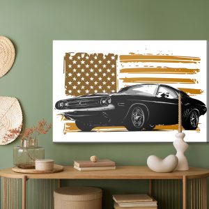Peinture sur toile Une Muscle Car Américaine Contre Un Drapeau Américain Beige – Image 5