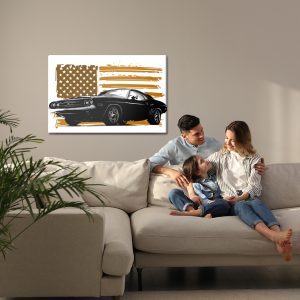 Peinture sur toile Une Muscle Car Américaine Contre Un Drapeau Américain Beige – Image 7