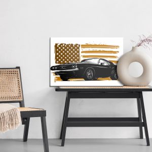 Peinture sur toile Une Muscle Car Américaine Contre Un Drapeau Américain Beige – Image 6