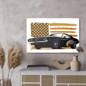 Peinture sur toile Une Muscle Car Américaine Contre Un Drapeau Américain Beige – Image 3