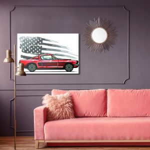 Peinture sur toile Voiture De Sport Sur Un Fond De Drapeau Usa Rétro Gris – Image 4