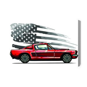 Peinture sur toile Voiture De Sport Sur Un Fond De Drapeau Usa Rétro Gris – Image 2