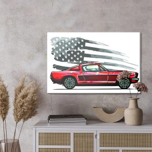 Peinture sur toile Voiture De Sport Sur Un Fond De Drapeau Usa Rétro Gris – Image 3