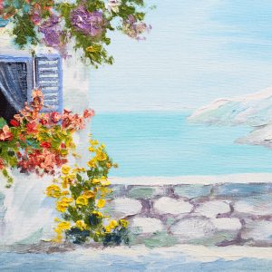 Peinture sur toile Mer Avec Maison Et Fleurs – Image 1
