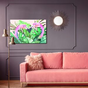 Peinture sur toile Flamants Roses Et Feuilles Tropicales – Image 4