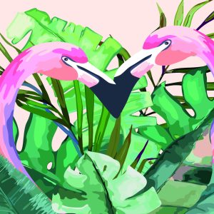 Peinture sur toile Flamants Roses Et Feuilles Tropicales – Image 1