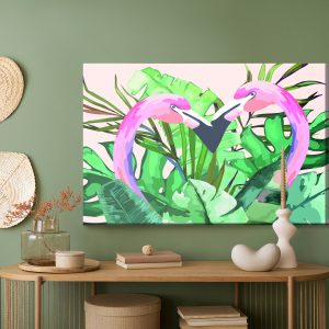Peinture sur toile Flamants Roses Et Feuilles Tropicales – Image 5