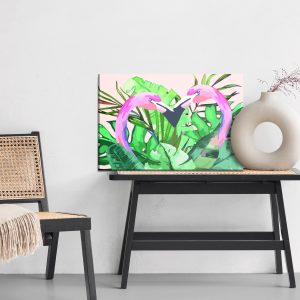 Peinture sur toile Flamants Roses Et Feuilles Tropicales – Image 6
