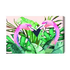 Peinture sur toile Flamants Roses Et Feuilles Tropicales – Image 2