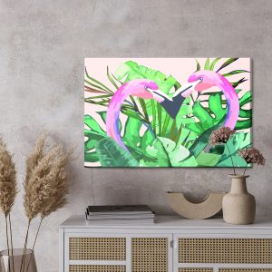 Peinture sur toile Flamants Roses Et Feuilles Tropicales – Image 3