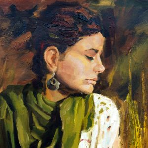 Peinture sur toile Portrait D'une Femme Aux Couleurs Vert-Brun – Image 1
