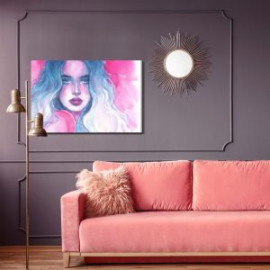 Peinture sur toile Portrait De Femme Dans Les Tons Bleu-Rose – Image 4