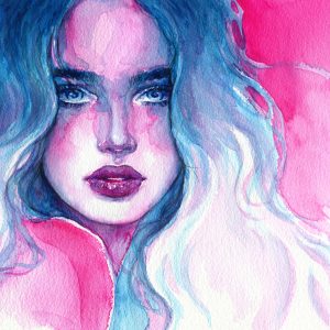 Peinture sur toile Portrait De Femme Dans Les Tons Bleu-Rose – Image 1