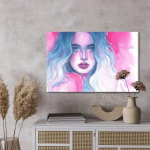 Peinture sur toile Portrait De Femme Dans Les Tons Bleu-Rose – Image 3