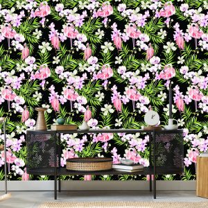 Papier Peint Pour Le Salon Flamants Roses Fleurs Feuilles Verdure – Image 5