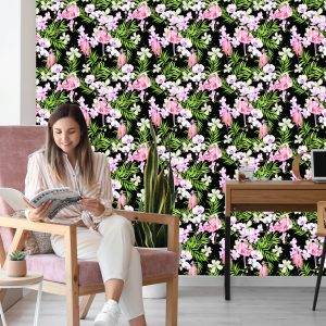 Papier Peint Pour Le Salon Flamants Roses Fleurs Feuilles Verdure – Image 7