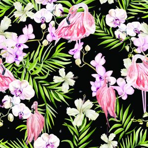 Papier Peint Pour Le Salon Flamants Roses Fleurs Feuilles Verdure – Image 1